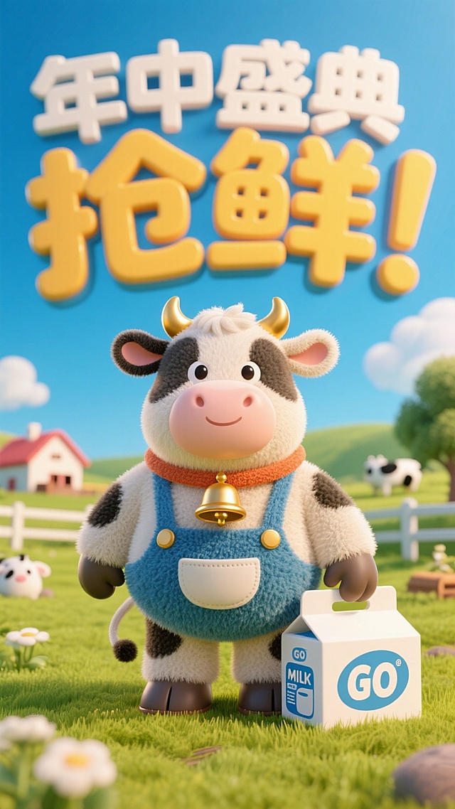 3D卡通风格，拟人化奶牛手持牛奶盒，清新田园背景，传达年中盛典抢鲜创意。