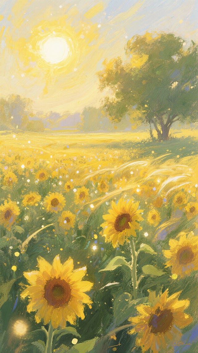 水彩风插画，向日葵田野在阳光下闪烁，清新梦幻，印象派笔触。