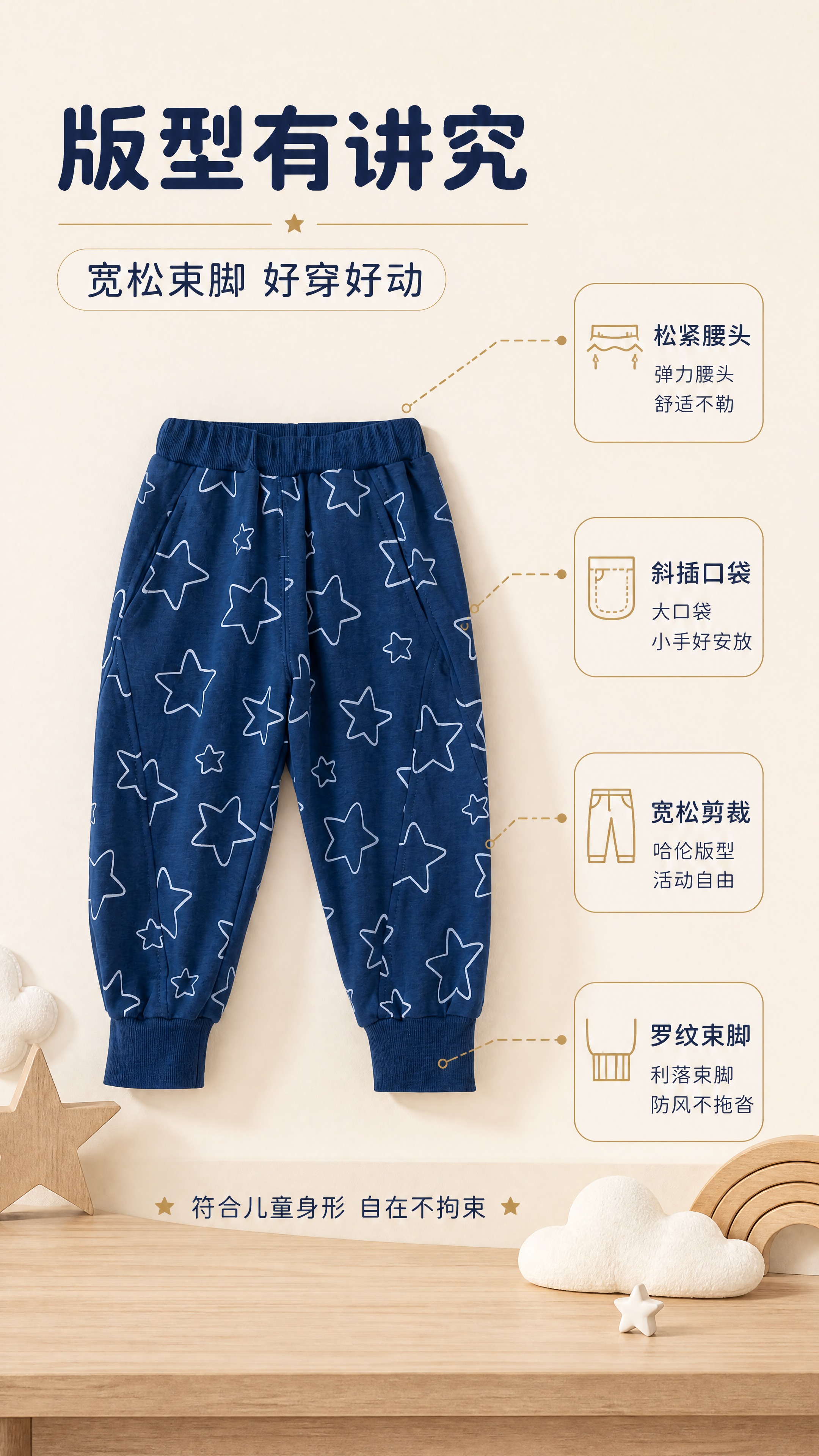 [第3张] 版型解析页-男童深蓝星星束脚休闲裤结构解析。本张使… - 图片创意预览