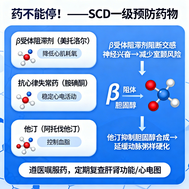 医学科普图，标题为「药不能停！——SCD一级预防药物」。图片主题：用药物卡片+机制图解释SCD一级预防用药逻辑。画面左侧制作三张药物卡片，分别列出"β受体阻滞剂（美托洛尔）"并标注作用"降低心肌耗氧"预览效果