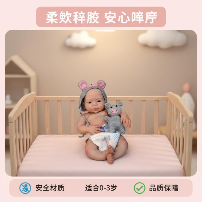 方案一：婴儿床中心构图：以婴儿玩偶为主体，置于铺有粉色床单的婴儿床中央，背景为浅木色儿童房，搭配云朵挂饰与暖黄灯光，突出温馨感，主标题强调“柔软亲肤”。预览效果