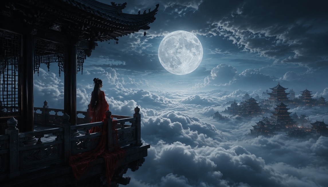 【构图】16:9横向纵深广角构图，画面左侧深色悬空中式亭台形成天然画框，雕花护栏、镂空木格窗、多层翘角飞檐占据左前景；红衣女子独自凭栏侧对圆月；中景铺满高低起伏蓬松体积云海，云海间半隐连片浮空古建群；预览效果