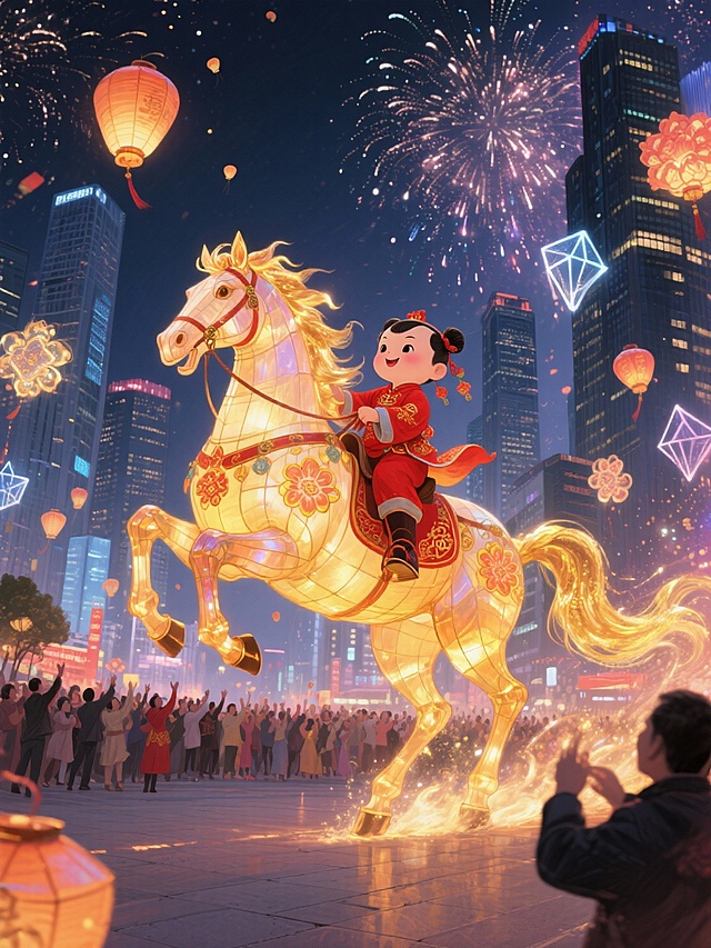 空中穿红衣传统服饰的福娃骑着马造型的巨型花灯，在城市广场上空腾空疾驰（前蹄向上抬），马灯鬃毛与花灯流光拖出金色尾迹。背景是现代高楼夜景与烟花，广场上人群欢呼，空中漂浮着科技感的几何花灯，整体呈现现代与传统融合的喜庆氛围。