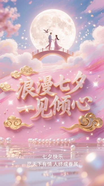 粉色海报设计风格，立体汉字“浪漫七夕 一见倾心”以行云流水的连笔书法呈现浮雕造型，仿和田玉材质透出温润光泽，笔划边缘包裹24K金箔祥云纹路，居中正视图，对称仰视构图，背景是圆圆的月亮映衬着牛郎和织女鹊预览效果