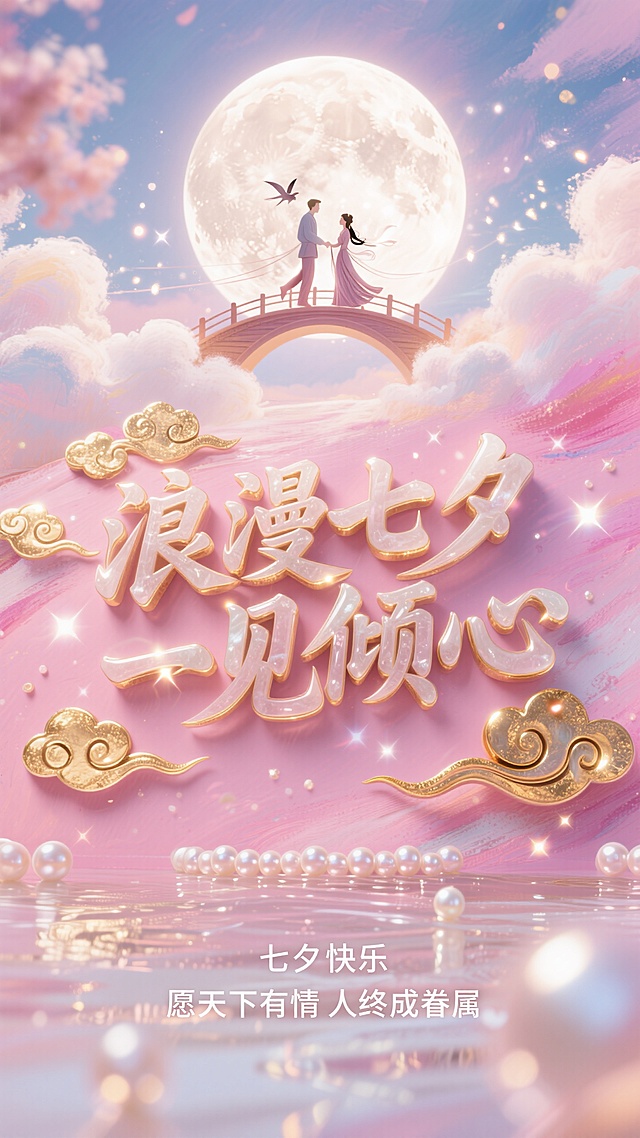 粉色海报设计风格，立体汉字“浪漫七夕 一见倾心”以行云流水的连笔书法呈现浮雕造型，仿和田玉材质透出温润光泽，笔划边缘包裹24K金箔祥云纹路，居中正视图，对称仰视构图，背景是圆圆的月亮映衬着牛郎和织女鹊桥相会的场景，前景有一朵朵白云飘向天空，添加粒子光效与动态模糊效果，底部设置珠光白渐变区域标注“七夕快乐，愿天下有情人终成眷属”，C4D雕刻多层立体字结构，Octane渲染器实现金属反光与透明玻璃质感