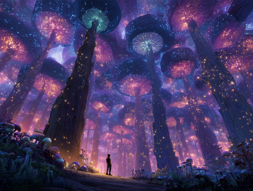 Epic wide shot of a fantasy forest where mushrooms evolve into perfect rectangular forms, creating a预览效果