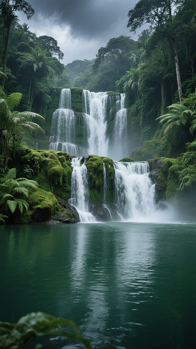 写实摄影风格，壮观的多层瀑布从覆盖着翠绿苔藓的岩石上倾泻而下，水流清澈洁白，撞击底部形成水花与薄雾，周围环绕茂密的热带雨林植被，深绿色的参天古树与蕨类植物，瀑布下方是平静的碧绿深潭，水面倒映着周围景色，天空中布满厚重的深灰色云层，光线柔和，营造出神秘而宁静的氛围，高分辨率，细节丰富，自然色彩和谐，景深控制得当，主体突出。