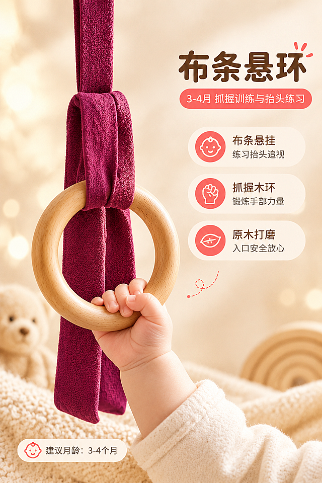 [商品] 使用【图1】布条悬环教具；保留圆形木环的完整圆环造型、榉木原木色与木纹、紫红色布带的颜色和垂坠感；布条从木环上方穿过用于悬挂，木环是宝宝抓握的部分；商品处理：增强木环的圆润质感与布带的织物纹理，不改变木环形状和布带颜色。
[画面] 目标为布条悬环单品详情页，突出3-4月龄触感探索与抓握训练。左图右文构图，左侧布条悬环通过上方的布条悬挂展示，木环在下方自然垂落，占画面约50%；一只婴儿小手从下方抓住木环（不是抓布条），体现宝宝抓握木环的正确使用方式；背景为浅米色暖调光斑，周围有柔软的织物和毛绒玩具点缀，营造温馨母婴氛围。
[视觉] 套系策略：风格=温馨自然原木风母婴商业摄影；标题字=圆润粗黑体；正文字=简洁圆角无衬线体；主色=原木浅棕+米白；背景延展=基于米白与浅木色做深浅渐变、同色系柔和过渡、细腻纸张/织物质感；强调色=暖珊瑚红，仅用于小面积图标、引线、标签和重点文字高亮；标题色=深暖棕；正文色=中暖灰；组件=圆角浅底信息卡、细线引线、圆点装饰；光影=左前侧暖柔光，柔和阴影。
[文字] 右侧上方主标题"布条悬环"，副标题"3-4月 抓握训练与抬头练习"；下方三个圆角卖点卡："布条悬挂 练习抬头追视""抓握木环 锻炼手部力量""原木打磨 入口安全放心"；底部小字标注"建议月龄：3-4个月"。
[规格] 图片比例2:3竖版，4K，避免变形、错字、文字过小、冷蓝/冷灰背景、木环形状改变、布带颜色失真、手抓布条的错误姿势。
