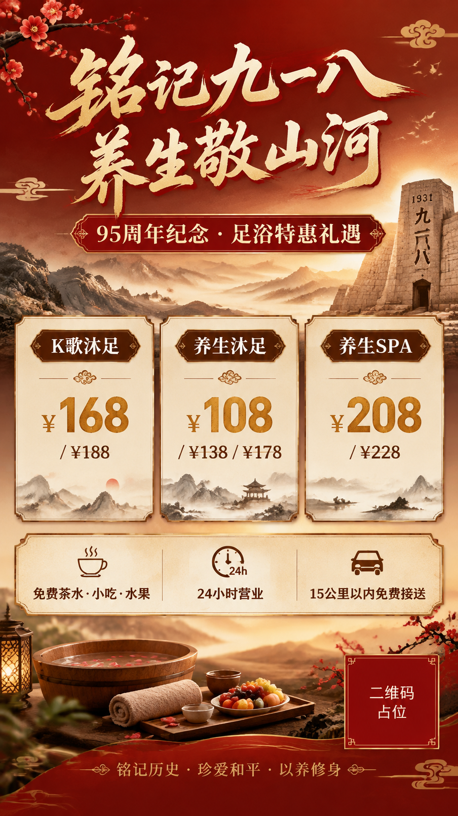 一张竖版9:16足浴店九一八纪念日95周年活动促销海报，新中式… - 图片创意预览