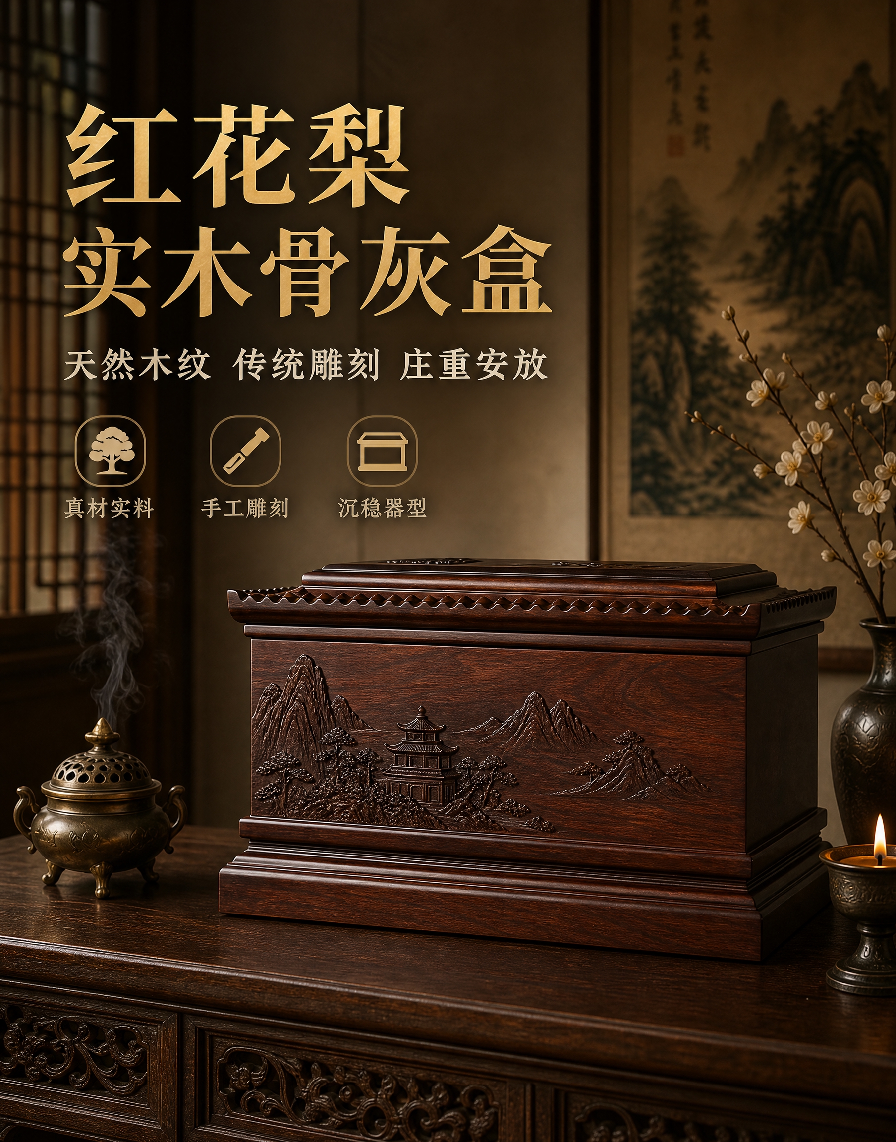 [主图-1 首图竖版] 红花梨实木骨灰盒整体展示主视觉，突出庄… - 图片创意预览
