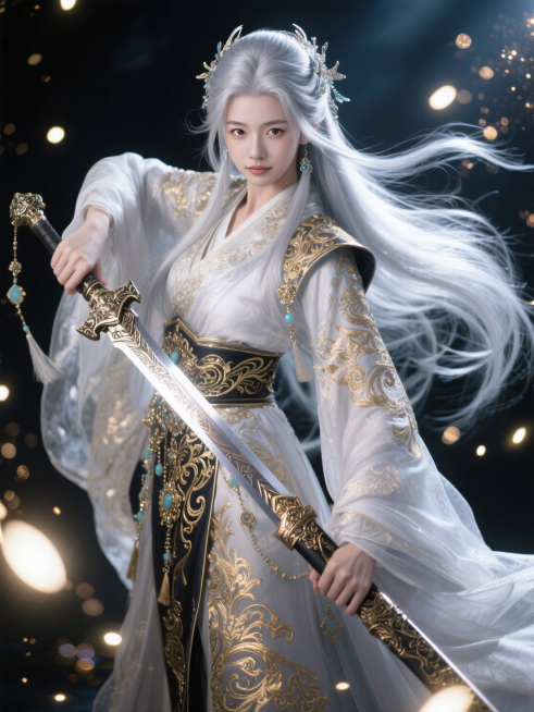 一位身着华丽古装的银色长发女性，长发飞舞的她手持一把装饰精美的长剑，服饰上有复杂的金色花纹和配饰，整体风格偏向东方玄幻。背景中有闪烁的光点，增添了画面的奇幻氛围。角色的装扮和武器暗示她可能是玄幻题材作预览效果