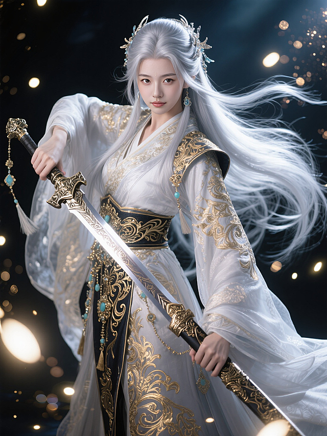 古典中式插画风，唯美的鎏金服饰，3D角色演绎剑舞，光影交织，尽显华丽。
