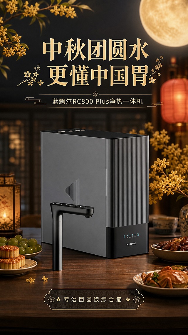 [商品] 使用【图1】蓝飘尔RC800 Plus净热一体机（深灰色主机+黑色智能龙头）；保留产品结构、颜色、材质、BLUEPURE Logo、指示灯面板文字、龙头造型和按键；产品朝向略偏右前方，龙头置于主机左前方，真实安装使用逻辑。
[画面] 页面目标：中秋团圆主题头图，营造节日家宴氛围，突出产品全貌与主标题。构图：竖版9:16，上半部分为中秋家宴场景留白，中间偏下放置产品主体，产品占画面约50%。前中后景：前景为木质餐桌边缘，中景为产品主机+龙头，后景虚化的中式厨房与中秋圆月、桂花枝、灯笼等节日元素。阅读动线：顶部主标题→中部产品→底部副标题。
[视觉] 套系策略：风格=新中式轻奢科技商业摄影；标题字=宋体粗体带衬线；正文字=现代无衬线体；主色=深炭灰+暖金；背景延展=基于深炭灰做渐变层次，叠加暖金色光晕和中秋元素纹理；强调色=暖金色，仅用于标题装饰、分割线、图标点缀；标题色=暖金色；正文色=米白色；组件=圆角半透明深灰信息卡、细金线分割、中式云纹装饰；光影=右前侧暖柔光，背景有柔和月光效果。
[文字] 顶部居中主标题"中秋团圆水 更懂中国胃"，字体大气有设计感，配小桂花装饰；主标题下方副标题"蓝飘尔RC800 Plus净热一体机"；底部一行小字"专治团圆饭综合症"。文字均横排，不遮挡产品主体和Logo。
[规格] 图片比例9:16竖版，4K，避免变形、错字、文字过小、产品颜色改变、结构失真、冷蓝冷灰主调。