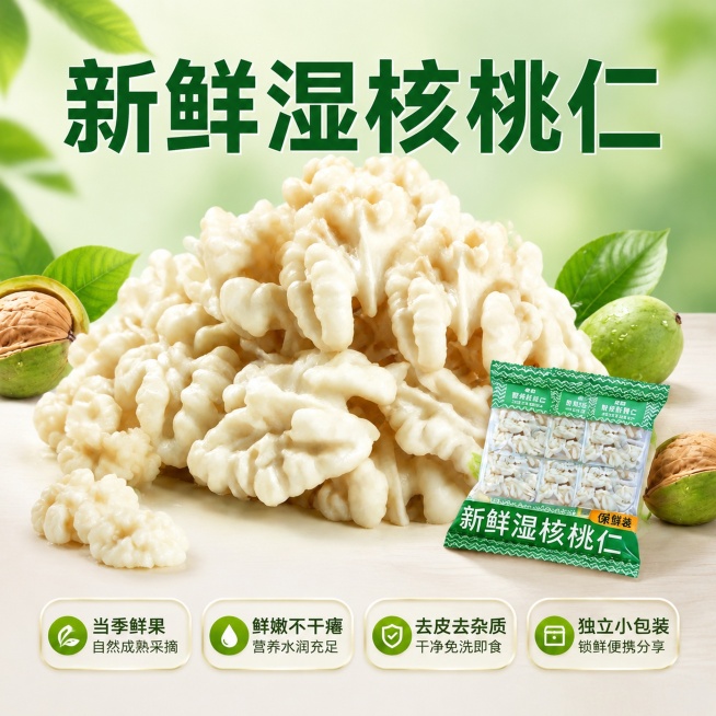 制作新鲜湿核桃仁电商海报，顶部放置大字标题"新鲜湿核桃仁"，中间展示大堆新鲜去皮湿核桃仁，右下侧放置产品独立包装，底部放置4个卖点圆角标签，背景为浅绿渐变搭配米白色台面，点缀新鲜绿叶、青核桃和少量散核预览效果