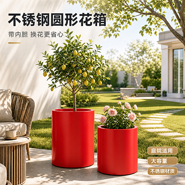 将图中的不锈钢圆形花箱改为正红色哑光烤漆材质，颜色饱满纯正，表面光滑有细腻质感，花箱形状、大小、位置、植物、背景庭院场景、文字排版全部保持不变。红色花箱在庭院中醒目亮眼，底部有柔和阴影，边缘有高光体现立体感。