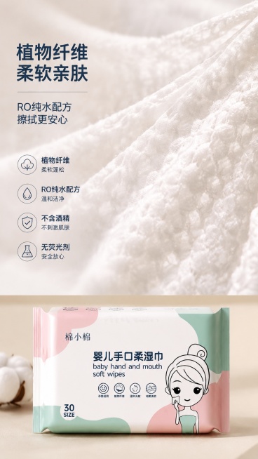 [第5屏] 材质细节微距展示，放大棉小棉湿巾柔软安全特点。本屏使用产品材质做微距展示，保留产品整体信息。
[氛围/风格] 微距特写，真实可信，突出材质质感，干净自然。
[元素布局] 上半部分展示湿巾扯预览效果