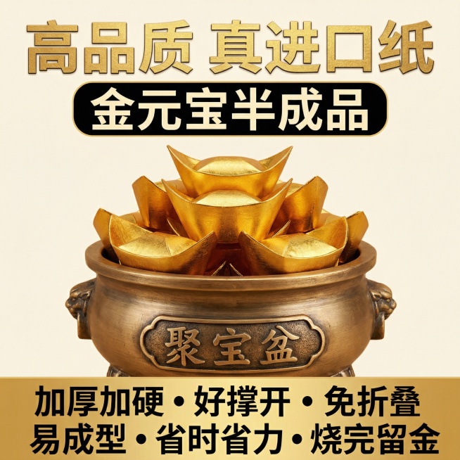 这张图片是产品主体这款产品是金元宝半成品，我需要设计10张主图在拼多多上面售卖 主图场景布局能用到的多场景元素布局显得高级一些，主图场景图背景为：红木桌面  深色纹理木桌  黑色绒布/绸缎打开的古典木预览效果