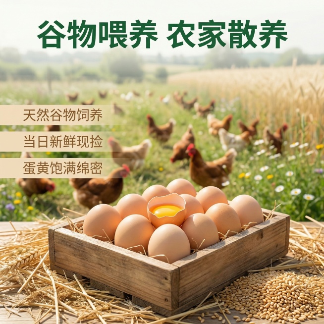 [主图主题] 农家散养谷物鸡蛋核心卖点溯源
[氛围/风格] 田园自然风，真实溯源场景，干净清新
[画面元素] 前景摆放完整包装盒装鸡蛋，背景虚化展示乡村散养鸡场，成群土鸡在户外草地谷物田活动，整体自然预览效果