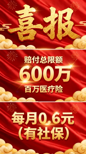 生成十张中国传统节日喜庆风格宣传海报，采用上中下三段式经典版式，最上方用书法大字写着“喜报”，占比约图片1/3，中间文字写着“赔付总限额600万”、“百万医疗险”、下方“每月0.6元（有社保）”，海报预览效果