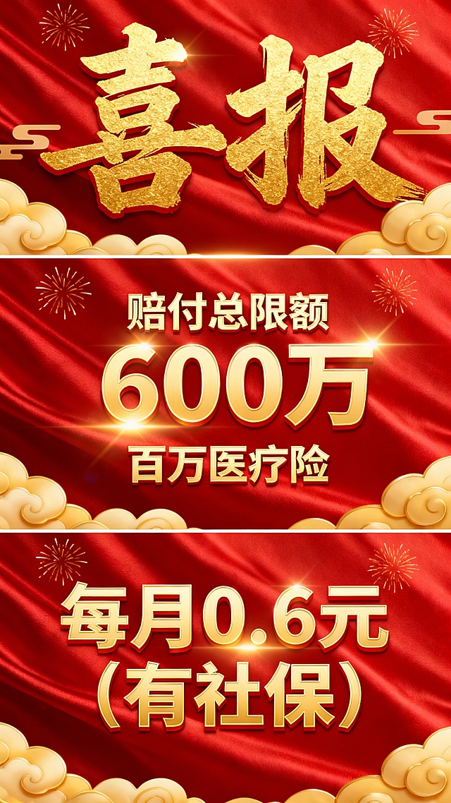 生成十张中国传统节日喜庆风格宣传海报，采用上中下三段式经典版式，最上方用书法大字写着“喜报”，占比约图片1/3，中间文字写着“赔付总限额600万”、“百万医疗险”、下方“每月0.6元（有社保）”，海报整体采用层级化排版，主标题放大醒目，辅助信息有序排列，整体版式平衡稳定，信息传达层次分明，比例 「9:16」
