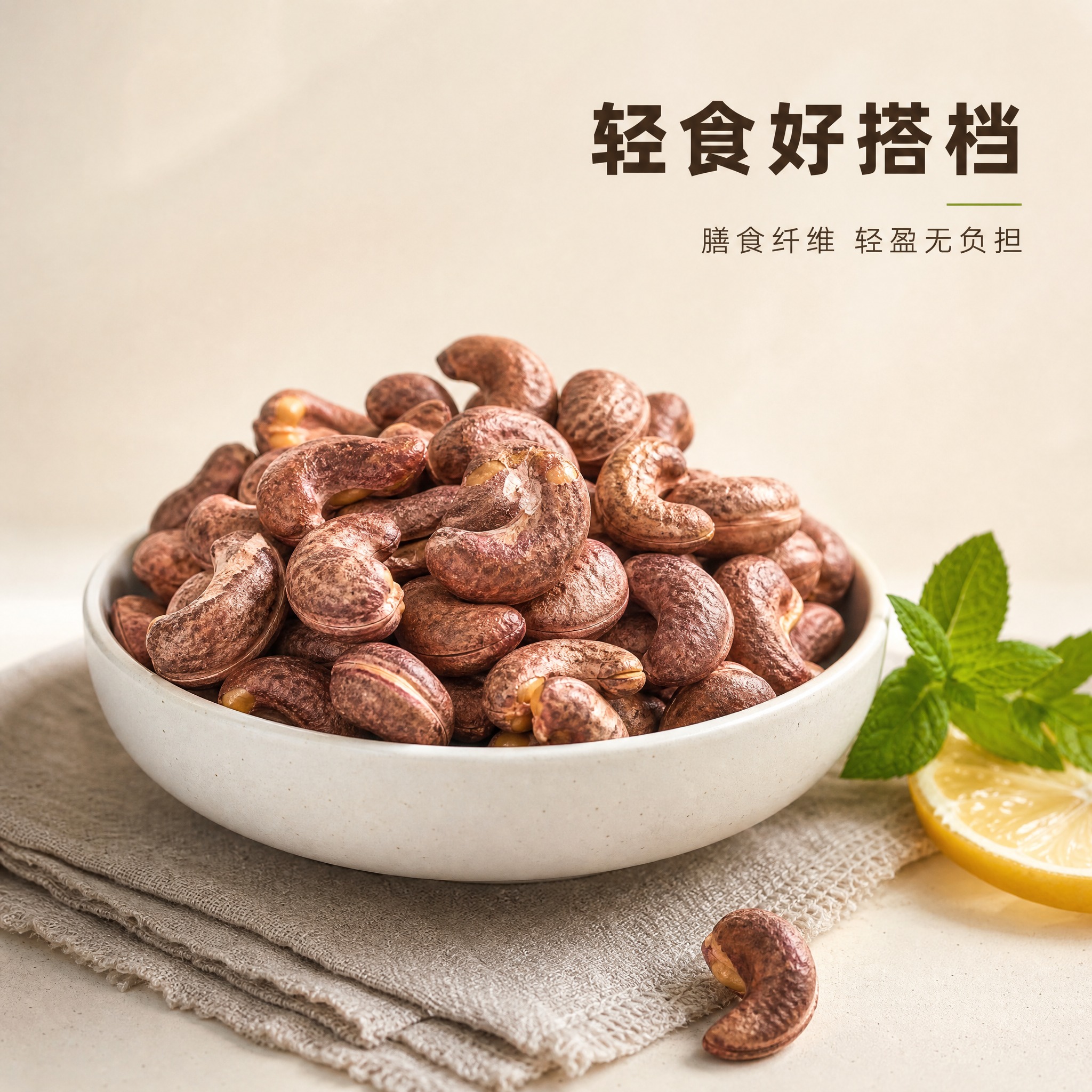 [主图-3] 紫衣盐焗腰果膳食纤维功能图，突出肠道健康与轻食属… - 图片创意预览