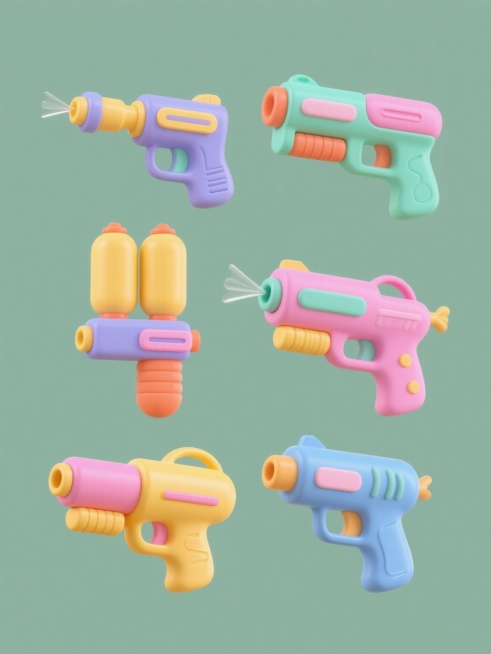 6个不同样式、不同配色、不同风格的水枪，3D立体建模，圆润光滑的塑料质感，鲜艳明快的马卡龙色系与高饱和撞色搭配，每个水枪具有独特的造型设计（如单管、双管、长喷嘴、短握把等），统一的卡通风格，柔和的顶部光源，清晰的高光与阴影过渡，纯色背景，整齐排列成一行，间距均匀，画面简洁干净，充满童趣与夏日气息。预览效果