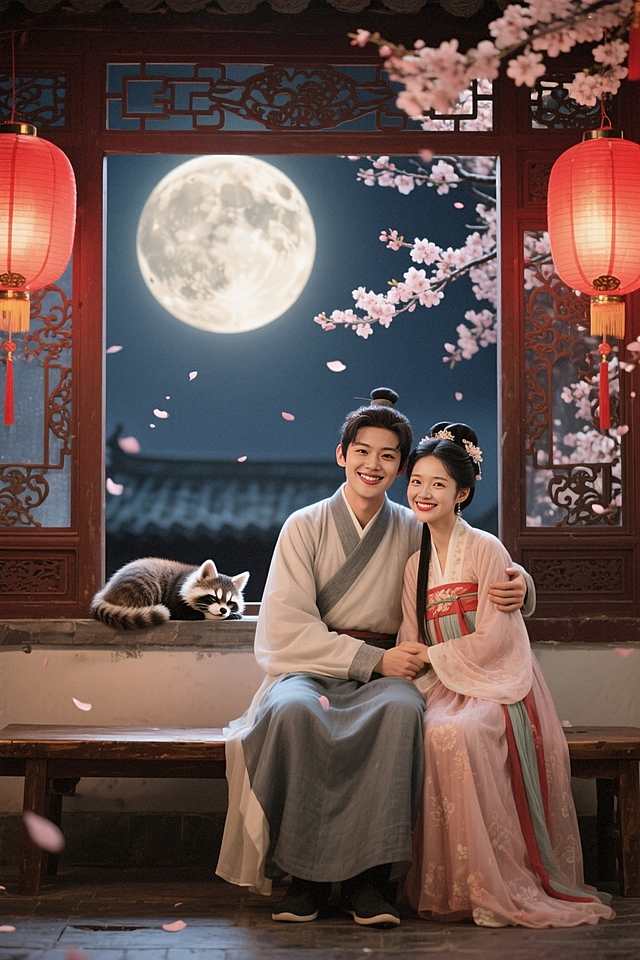 古装情侣，男左女右，坐在雕花窗边长凳上。两人笑容甜蜜看镜头，男生搂着女生。窗外圆月，窗台趴着打盹狸猫，红灯笼光影的喜庆氛围和窗外樱花飘落。