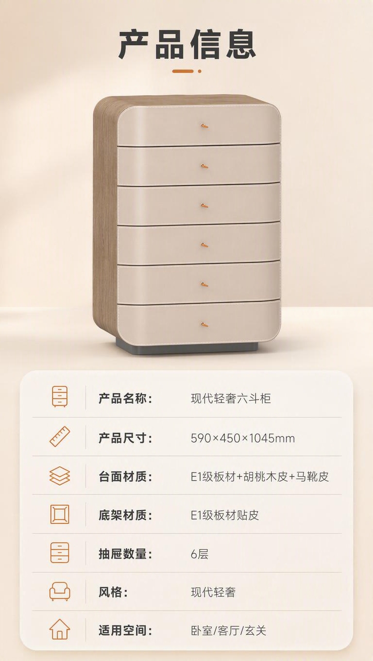 [商品] 使用【图1】现代轻奢六斗柜；保留产品整体结构、外观与… - 图片创意预览