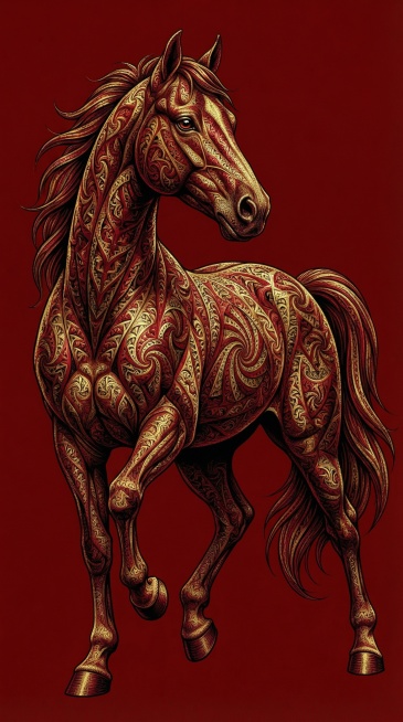 一匹健壮的成年马，头部轮廓清晰，耳朵竖立，眼睛明亮灵动，颈部修长微拱，浓密顺滑的鬃毛垂至肩部，背部平直肌肉线条流畅，四肢修长有力关节分明，蹄子结实圆润，长而蓬松的尾巴自然下垂，整体姿态挺拔优雅且充满力预览效果