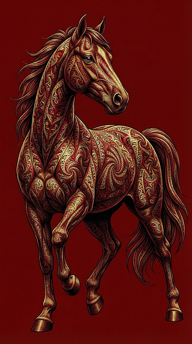 鎏金浮雕风骏马，融合中式古典纹样与重拟物技法，金属质感凸显奢华，描边细节增强立体感，插画风呈现民族韵味，寓意吉祥如意。