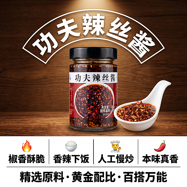 生成一张1:1正方形 8K高清电商主图，深棕色木质背景，顶部暖光打亮产品。画面上半部分：严格参照参考图放置功夫辣丝酱玻璃瓶，瓶身右侧放一个白瓷勺，勺内盛满辣丝酱，清晰展示根根辣椒丝和颗粒。画面下半部分：占比1/3的大卖点通栏。文字排版要求：产品上方：向上弧形排列的白色思源黑体 Heavy："功夫辣丝酱"。底部大卖点通栏为白色背景，黑色文字：第一行分4栏，每栏配小图标：🔥 椒香酥脆、🍚 香辣下饭、👨‍🍳 人工慢炒、🌶️ 本味真香；第二行居中，黑色思源黑体 Bold："精选原料・黄金配比・百搭万能"