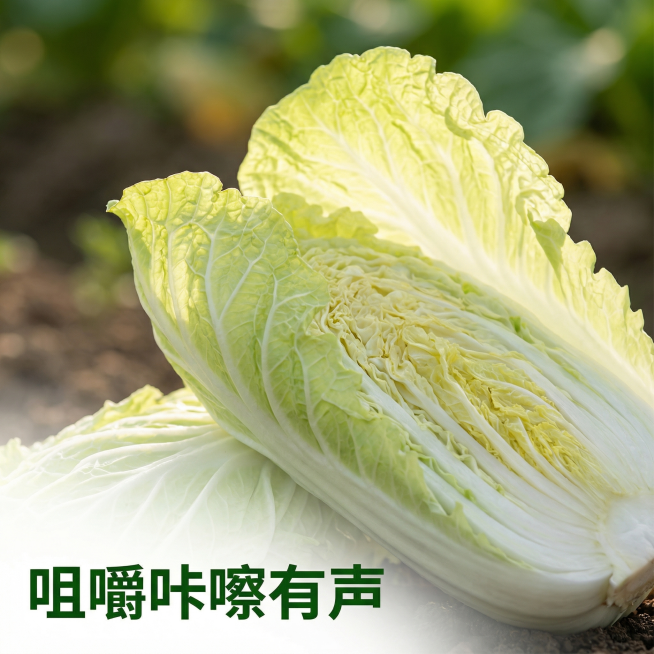 [主图 3] 黄白菜脆嫩细节特写
[氛围风格] 温馨舒适家庭治愈田园风，微距细节真实诱人。
[画面元素] 商业摄影质感、光线柔和通透、产品清晰真实、画面干净高级。微距特写黄白菜叶片边缘和菜帮横截面，放预览效果