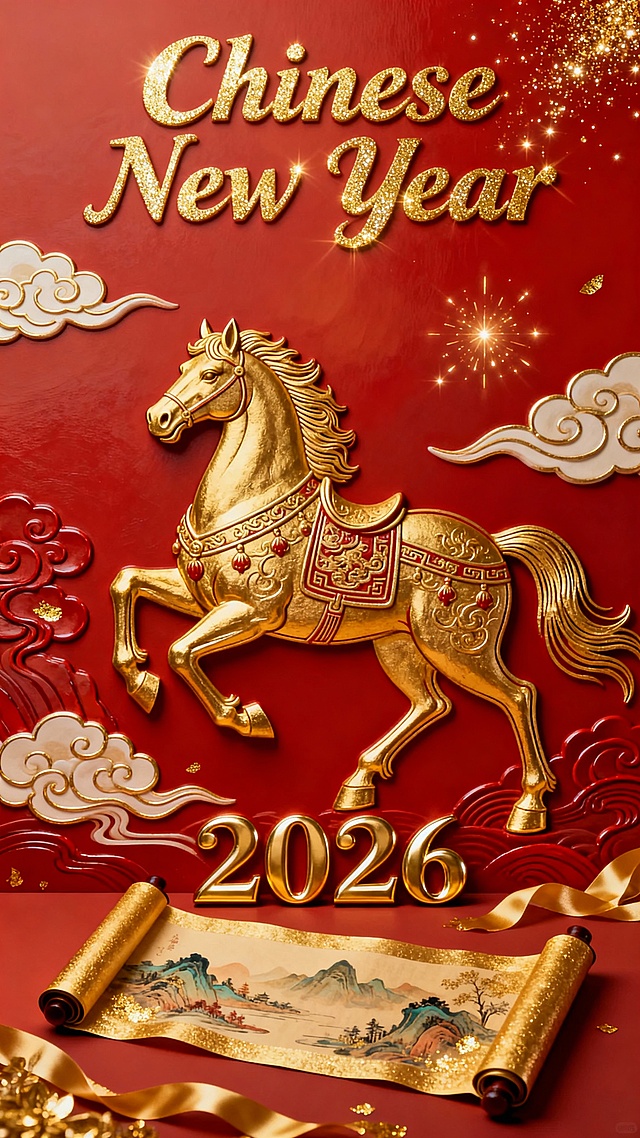 鎏金浮雕骏马跃动，3D重拟物风格呈现中式奢华，红金配色烘托喜庆新春氛围，卷轴山水点睛传统韵味，2026年春节贺岁海报。