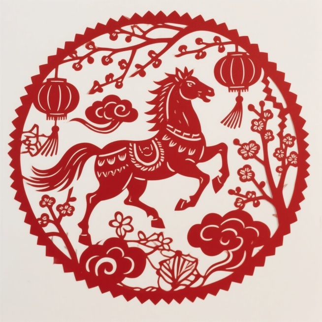 生成马年春节元素的窗花 白底 窗花仅用红色构成预览效果