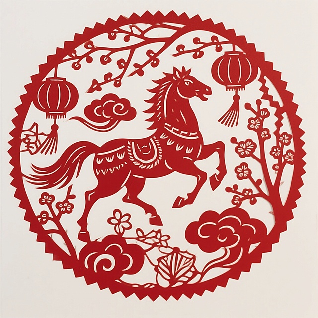 生成马年春节元素的窗花 白底 窗花仅用红色构成