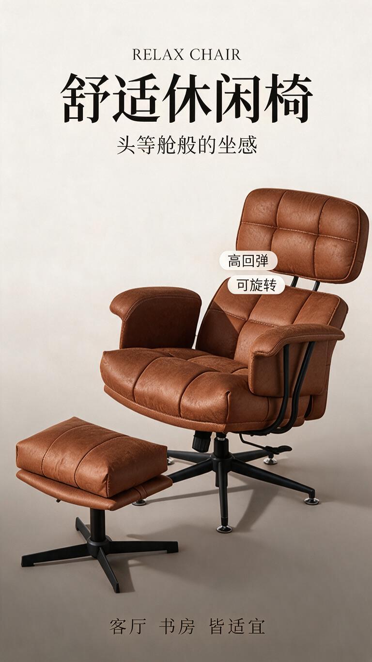 图生图模式：基于提供的焦糖色皮革休闲旋转椅产品图，重新制作为电… - 图片创意预览