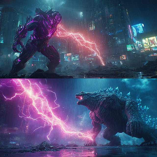 cinematic still, epic battle between an evil Ultraman and a protective kaiju. Evil Ultraman: dark purple and black biomechanical armor, cracked and glowing crimson color timer, sinister pose, firing a beam of chaotic black and red energy. Heroic kaiju: giant, armored, stone-gray skin with glowing gold and blue energy lines, courageously holding up a large translucent energy shield to protect a ruined cyberpunk city skyscraper behind it. Heavy rain at night, neon lights reflecting on wet surfaces, dramatic lighting, lightning in the background, debris floating, hyper-realistic, 8K, wide-angle shot, sense of scale and desperation.