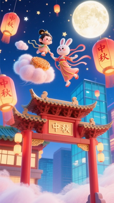 空中 Q 版嫦娥和 Q 版玉兔手拉手踩着月饼云朵飞行，周围悬浮着带 “中秋” 字样的灯笼，下方是中式牌坊与现代玻璃大厦相邻，背景是挂着星星的满月天预览效果