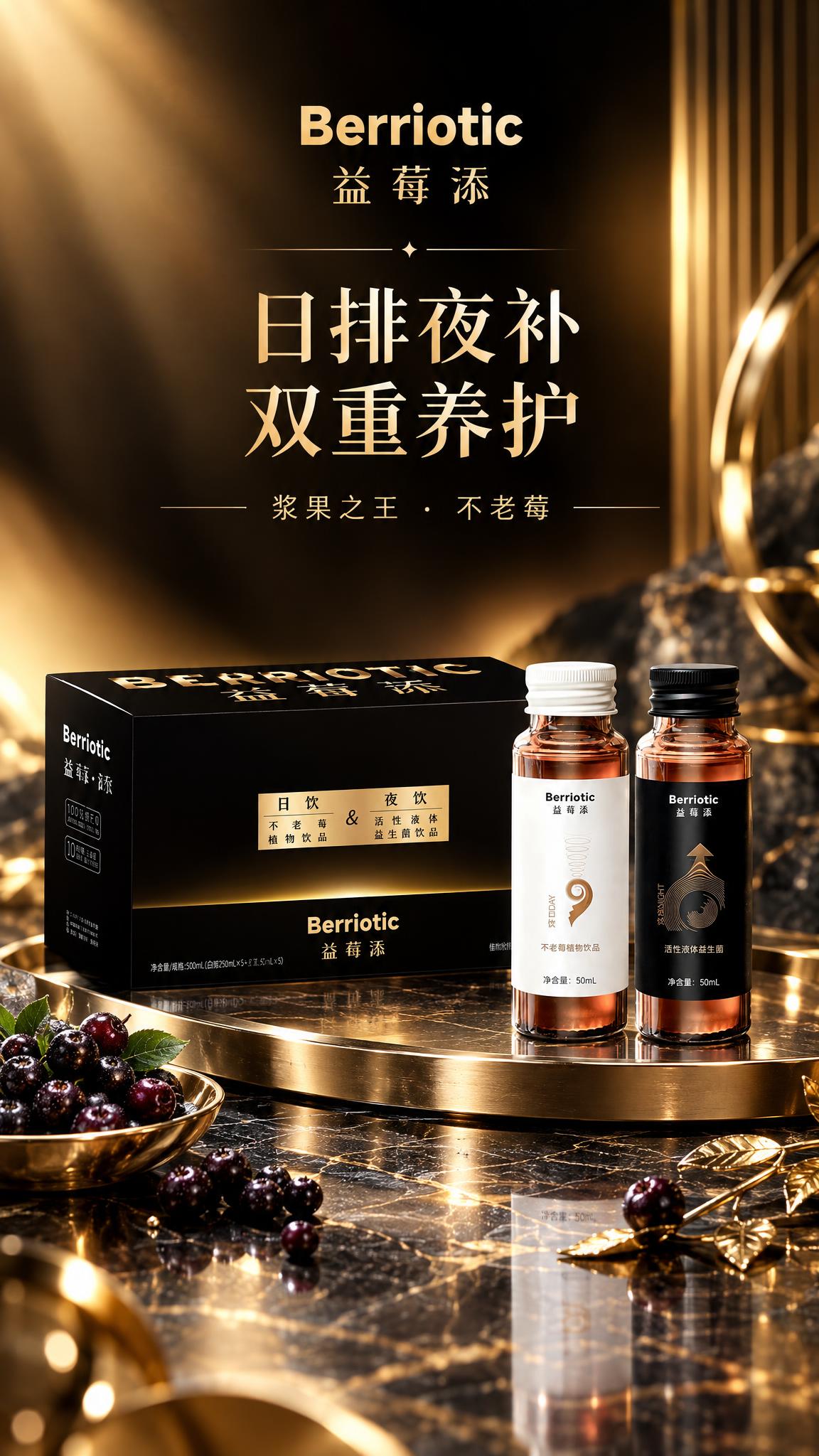 基于图中的益莓添日夜饮产品（黑色礼盒+日饮白瓶+夜饮黑瓶），生… - 图片创意预览