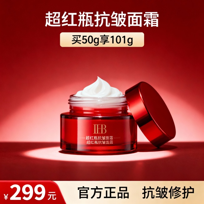 生成三张不同场景的面霜电商主图，价格“299元”，比例1:1，超红瓶 抗皱面霜 买50g享101g预览效果