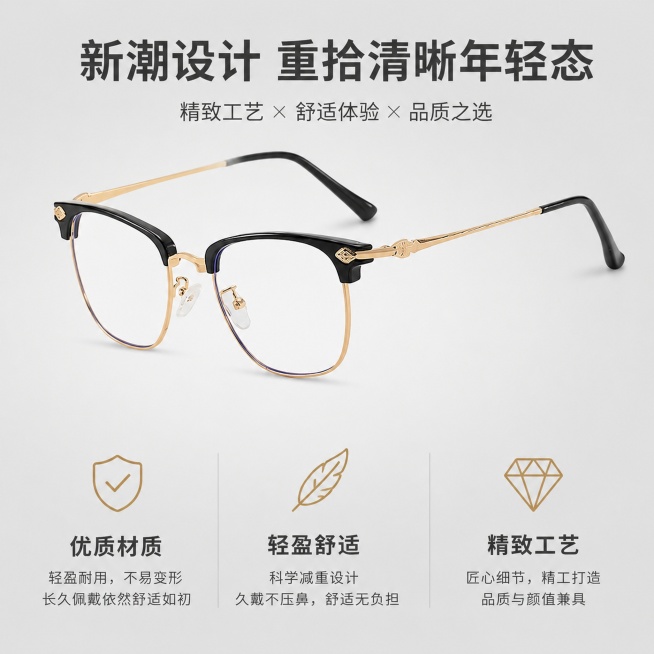 [主图-5]产品整体规格卖点总结图，[氛围风格]简洁规整实用感，[画质]商业摄影质感、光线柔和通透、产品清晰真实、画面干净高级。[元素]老花镜整体放置在画面偏上位置，保持产品外观颜色材质与原图一致，下预览效果
