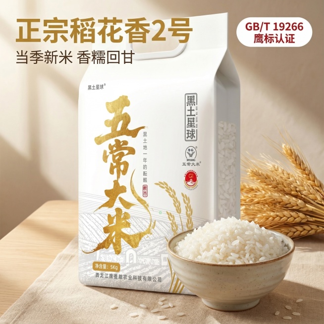 稻花香2号五常大米主图，舒适简约家居治愈风格，自然暖阳光线，包装袋居中，右侧放一碗晶莹白米饭，散落几粒大米，背景是浅色原木桌配米白棉麻桌布，角落有麦穗装饰，光影柔和。左上角主标题「正宗稻花香2号」金色预览效果