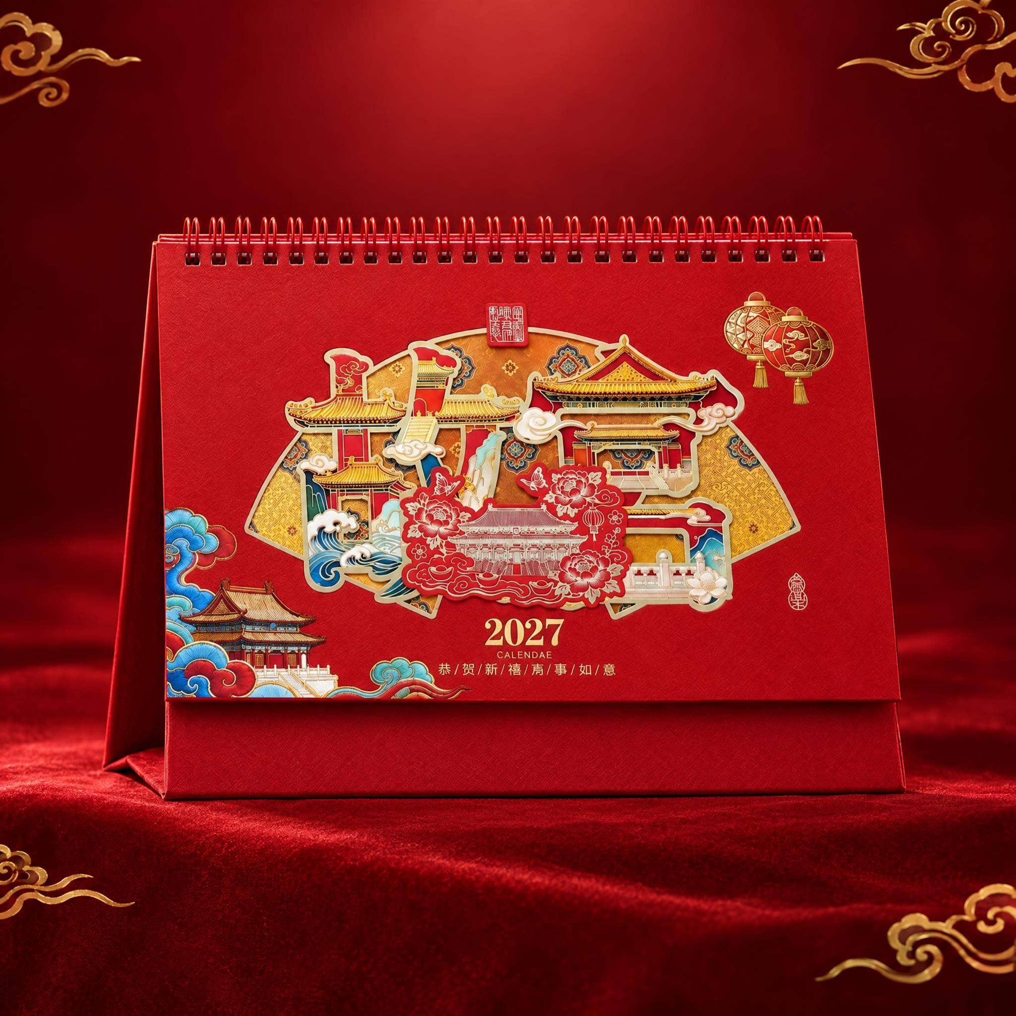 基于用户提供的开门红款台历原图，生成一张红色背景的高端单品选品… - 图片创意预览