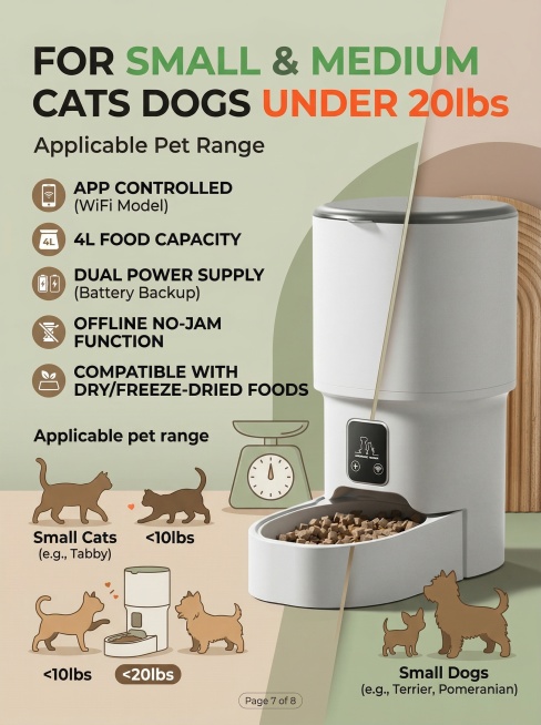 Based on the original product image, design the 7th detail page of this automatic pet feeder for cro预览效果