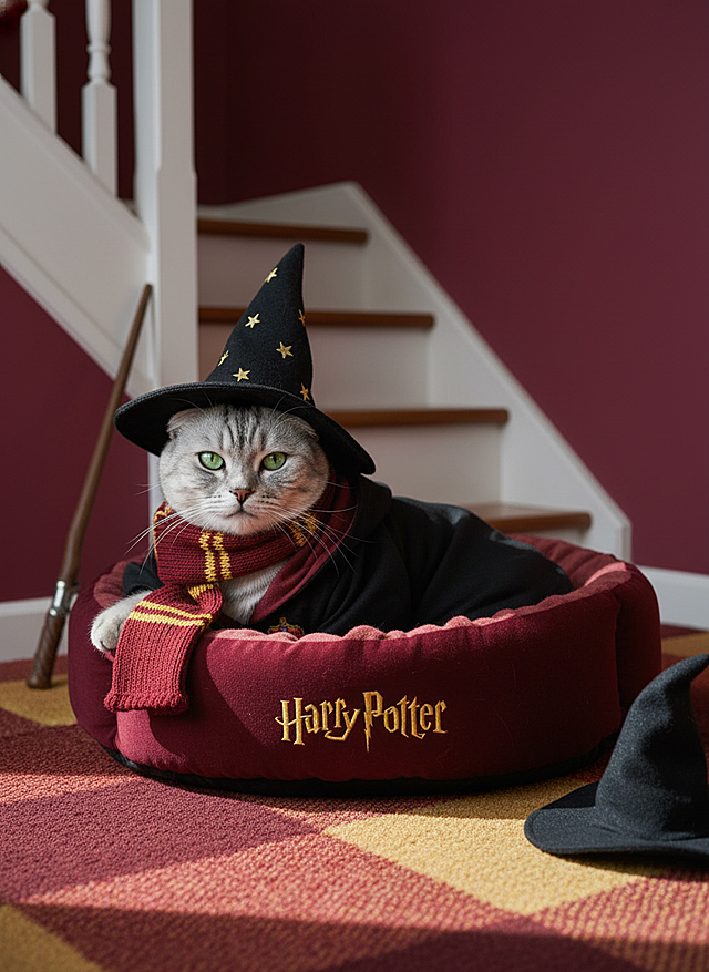 猫咪身着格兰芬多风格的巫师袍、条纹围巾，头戴带金星的黑色巫师帽，慵懒窝在印有 “Harry Potter” 标识的毛绒猫窝里，深红墙面背景，搭配白色楼梯、格兰芬多配色（红金黄）的格纹地毯，旁置巫师杖、巫师帽等道具