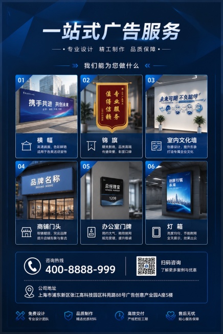 广告公司宣传单第二页，延续第一张深蓝色多边形几何现代简约商务风，上方分六宫格展示可做业务，每个业务配小预览图：横幅、锦旗、室内文化墙、商铺门头、办公室门牌、灯箱，下方预留联系方式和地址区域，保持和第一预览效果