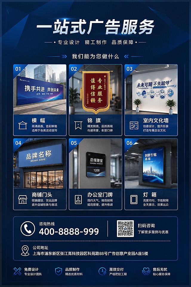 广告公司宣传单第二页，延续第一张深蓝色多边形几何现代简约商务风，上方分六宫格展示可做业务，每个业务配小预览图：横幅、锦旗、室内文化墙、商铺门头、办公室门牌、灯箱，下方预留联系方式和地址区域，保持和第一张统一的深蓝色背景和设计语言，信息分区清晰，每个业务板块图文并茂，文字清晰可读，四边留足安全边距，版式精美，2K分辨率
