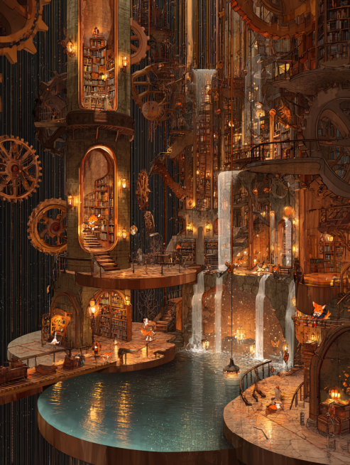 Steampunk dream library, floating gears as islands connected by crystal bridges, Victorian-clad foxe预览效果