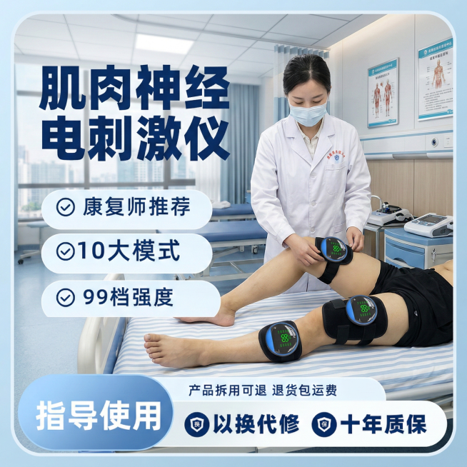 将背景更换为医院康复中心场景，模特躺在病床上，旁边有医生，清晰展示肌肉神经电刺激仪，突出“康复师推荐、10大模式、99档强度”卖点，画面上方添加大字号文字“肌肉神经电刺激仪”，底部添加“指导使用、以换预览效果
