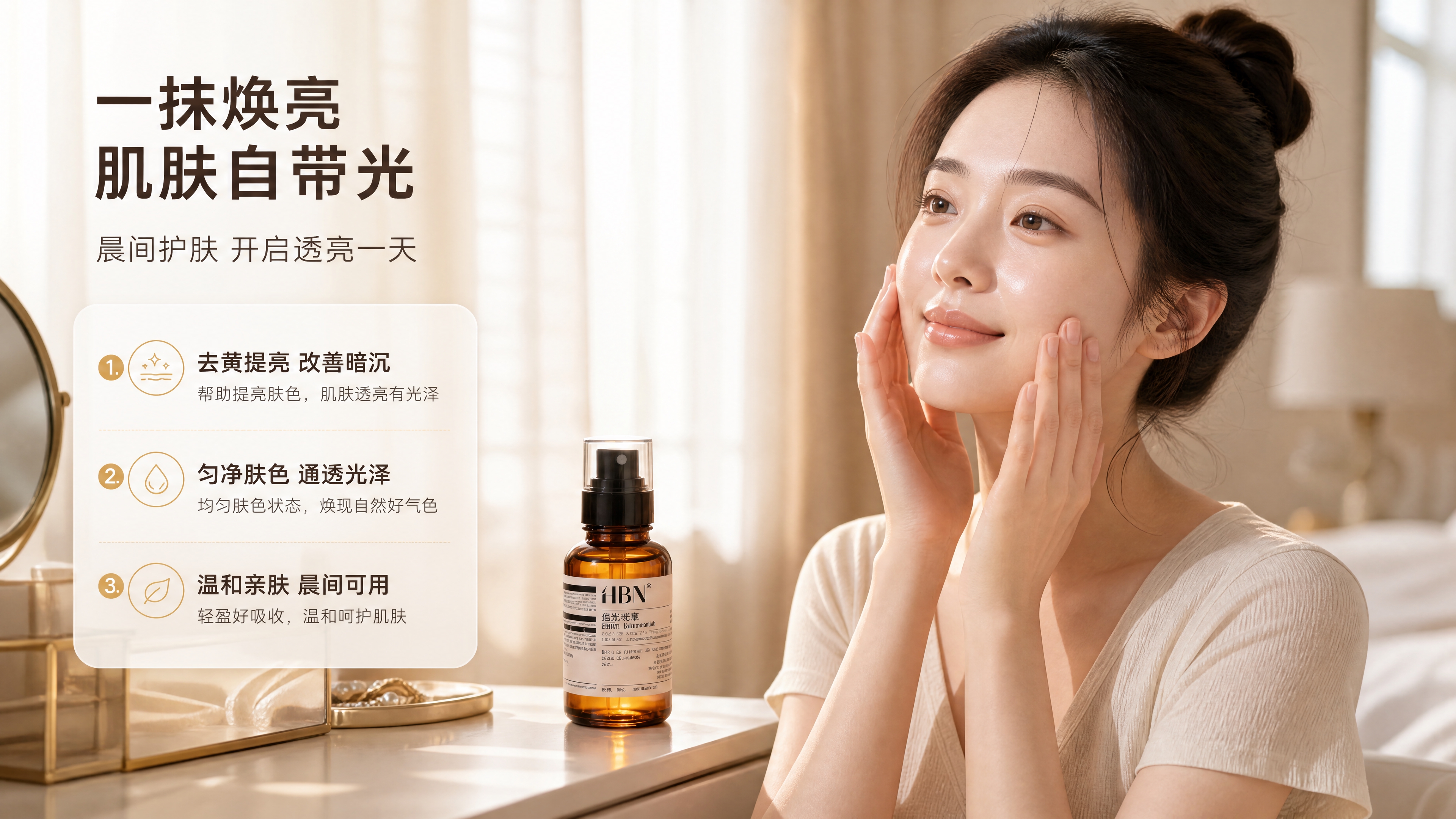 [商品] 使用【图1】HBN琥珀棕瓶发光水；保留瓶身结构、比例… - 图片创意预览